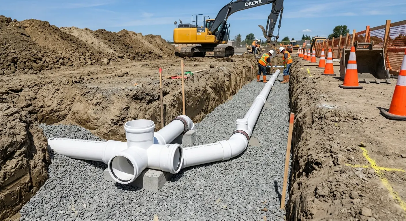 New PVC sewer pipe installation in open trench for Grease Trap Cleaning in Barnesville