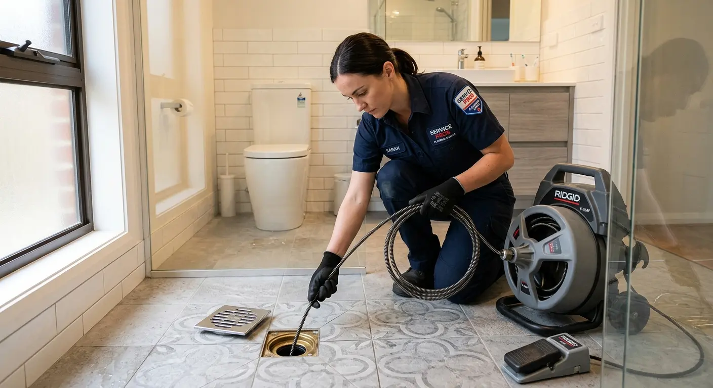 Technician clearing a bathroom floor drain for Drain Cleaning in Barnesville